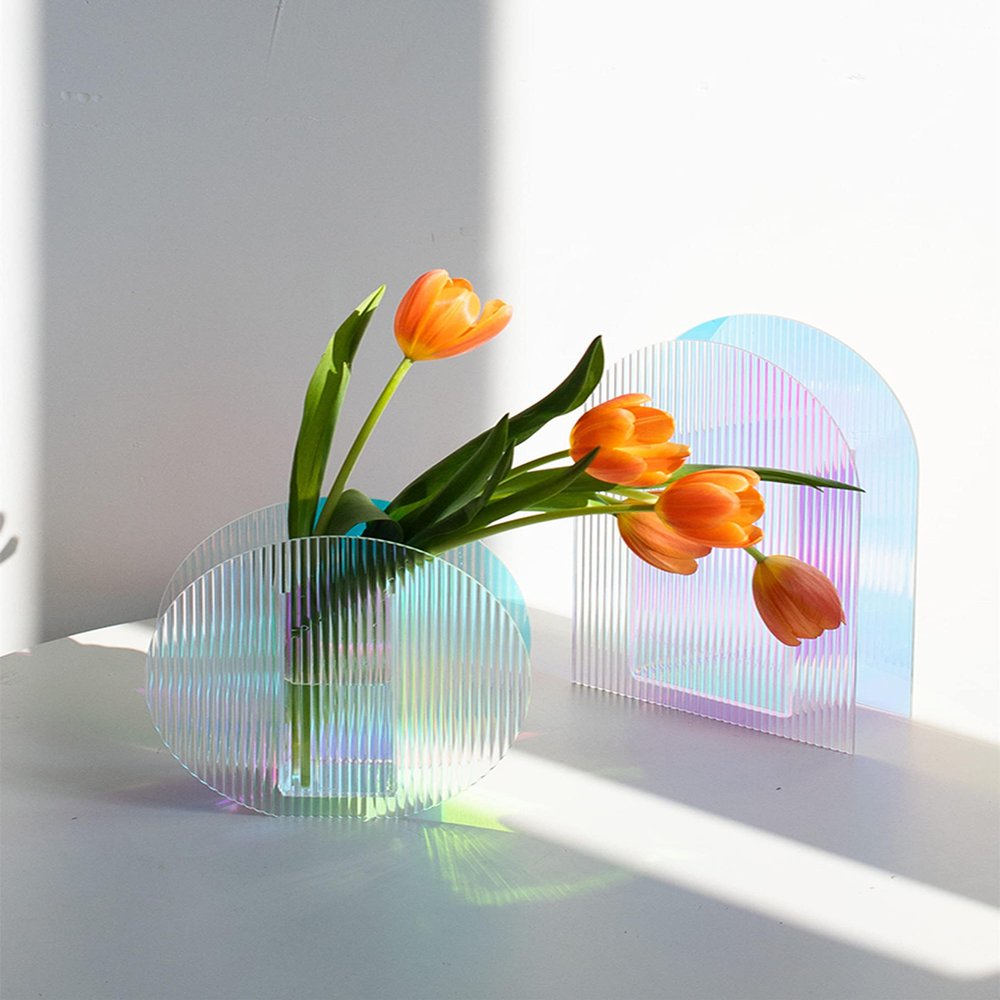 Acrylic Vase, Iridescent Acrylic Ripple Vase, Rainbow Acrylic Vase Minimalist Dcor Artistic Vase (Round Shape)