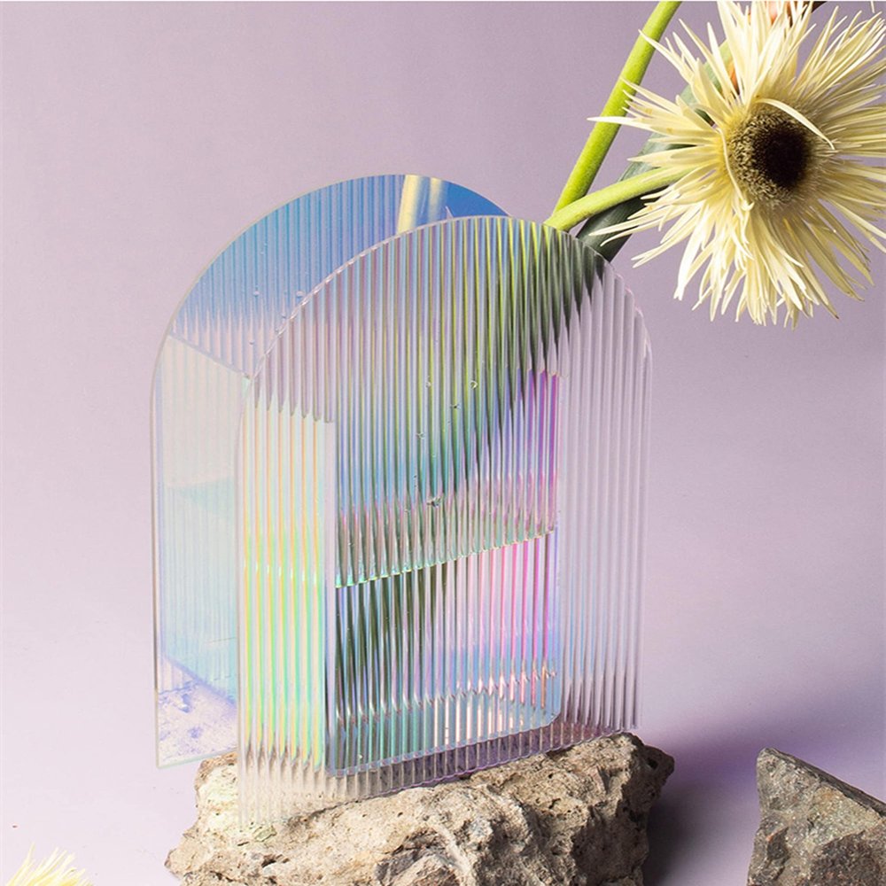 Acrylic Vase, Iridescent Acrylic Ripple Vase, Rainbow Acrylic Vase Minimalist Dcor Artistic Vase (Arched Shape)