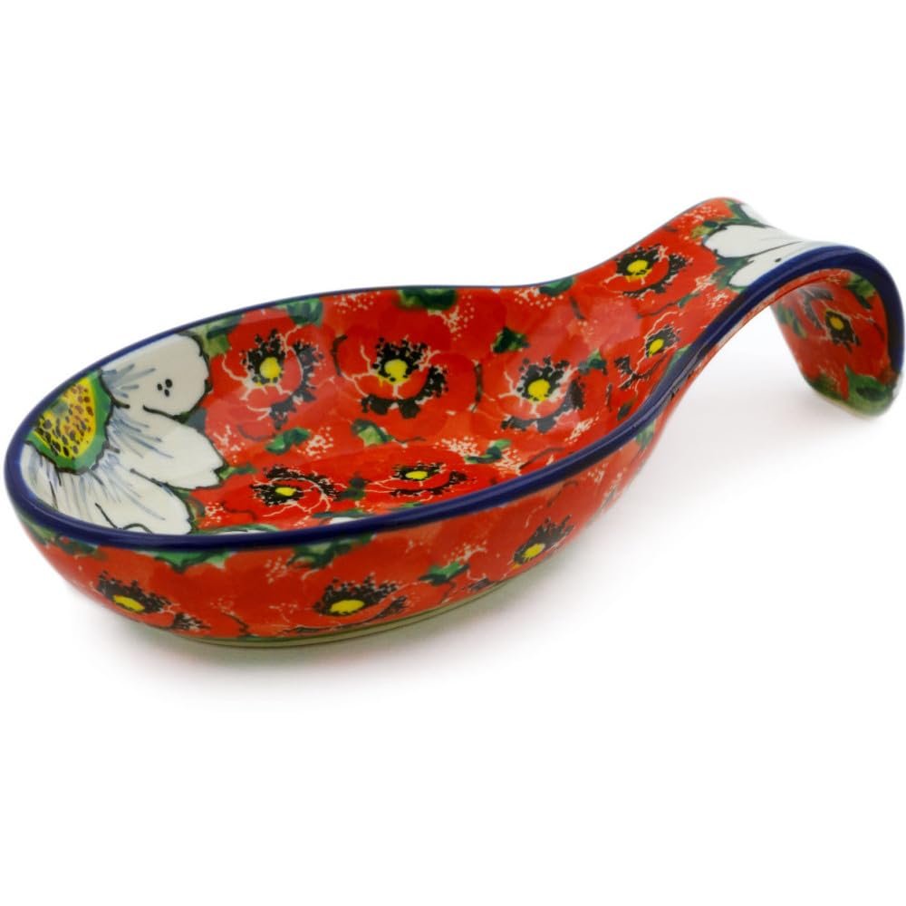 Polmedia Polish Pottery Spoon Rest UNIKAT - Sweet Red Petals Pattern Handmade in Boleslawiec Poland by Ceramika Artystyczna + Certificate of Authenticity