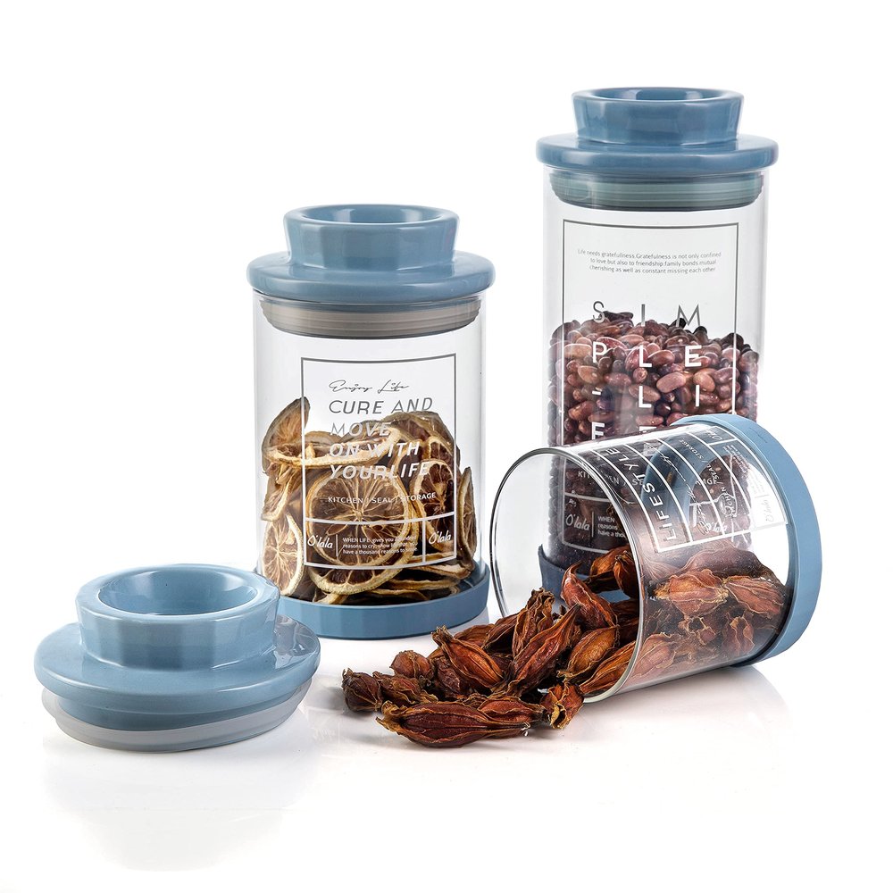 3 Pieces Glass Jars with Lid, Containers Canisters Ceramic Airtight Lid, Kitchen Storage Jars Containers for Cereal Pasta candy Beans Nuts Herbs, Dry Food Canisters