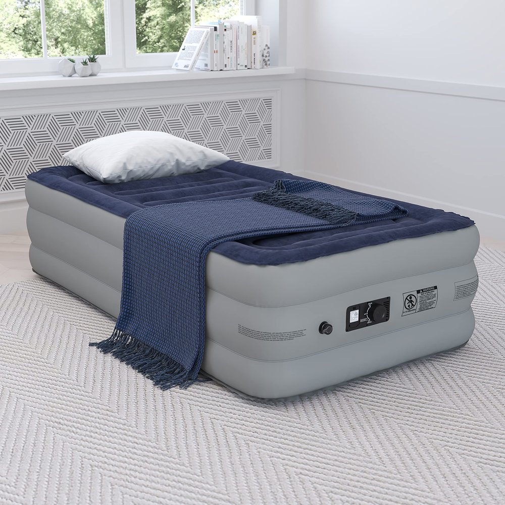 Flash Furniture Kellos 18 inch Air Mattress with ETL Certified Internal Electric Pump and Carrying Case - Twin, Blue