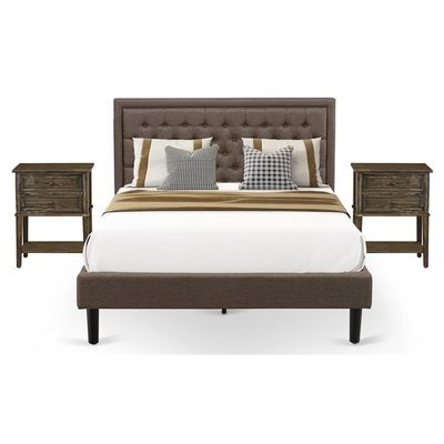 East West Furniture KD18Q-2VL07 3 Piece Bed Set - 1 Bed Frame Brown Linen Fabric Padded and Button Tufted Headboard with 2 nightstands Bedroom - Distressed Jacobean Finish Nightstand
