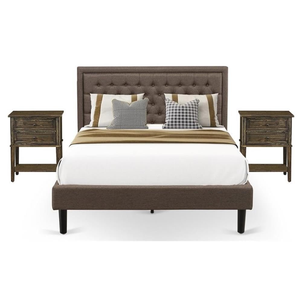 East West Furniture KD18Q-2VL07 3 Piece Bed Set - 1 Bed Frame Brown Linen Fabric Padded and Button Tufted Headboard with 2 nightstands Bedroom - Distressed Jacobean Finish Nightstand