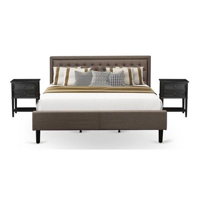 East West Furniture KD18K-2VL06 3 Piece King Size Bed Set - 1 King Bed Brown Linen Fabric Padded and Button Tufted Headboard with 2 Mid Century Nightstand - Wire Brushed Black Finish Nightstand