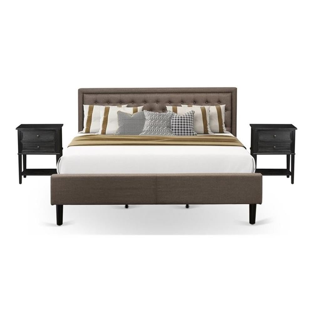 East West Furniture KD18K-2VL06 3 Piece King Size Bed Set - 1 King Bed Brown Linen Fabric Padded and Button Tufted Headboard with 2 Mid Century Nightstand - Wire Brushed Black Finish Nightstand