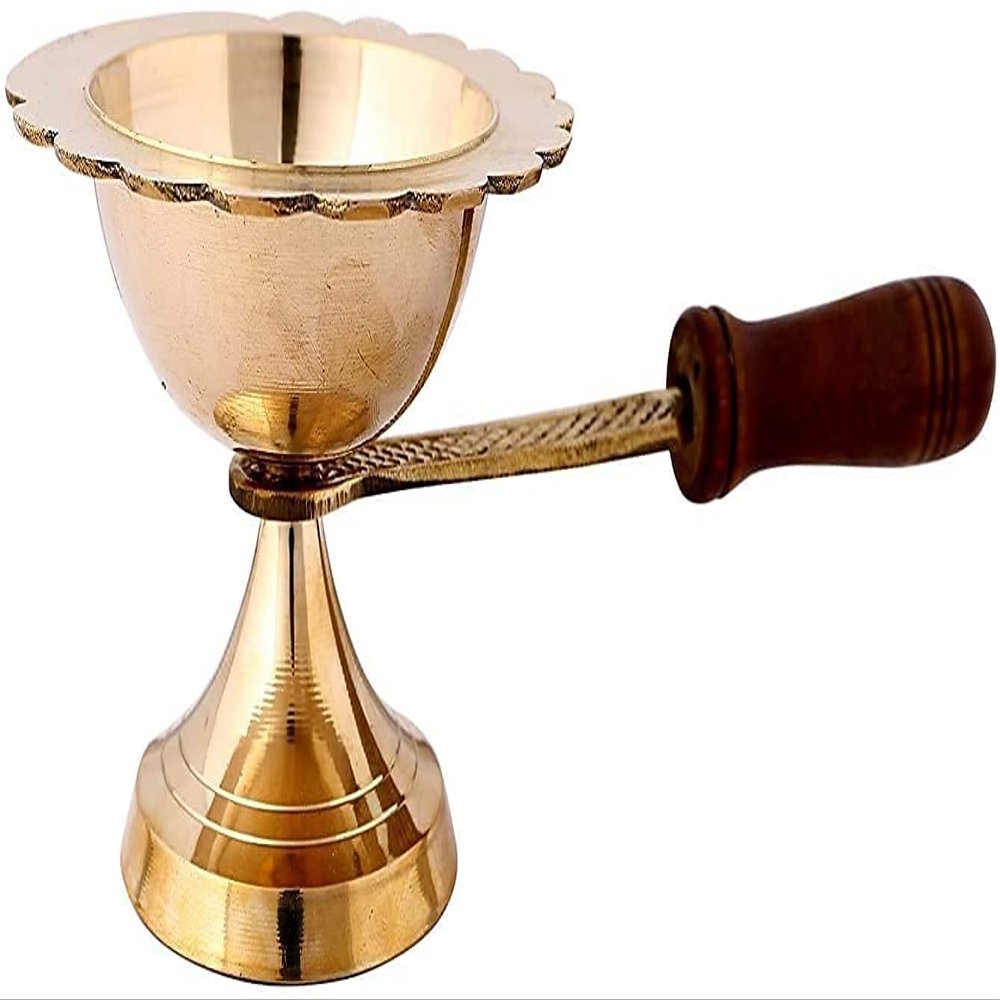 Online India Long Wooden Handle Brass 5 Face Deepak Aarti Oil Lamp with Handle (Gold_4.5 x 2 Inch)