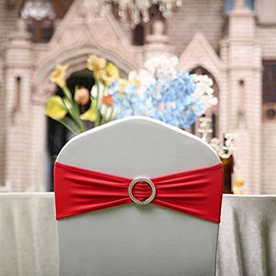 100PCS Stretch Chair Sashes Bows Chair Bands with Buckle for Wedding Hotel Banquet Birthday Party Decorations - Red