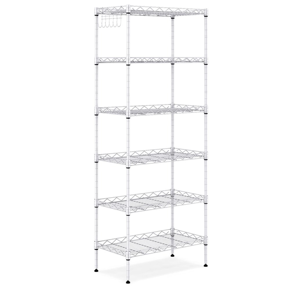 ALPHINO 6-Shelf Shelving Storage Unit,Heavy Duty Metal Organizer Wire Rack with Leveling Feet, Stainless Side Hooks for Bathroom Kitchen Garage 750Lbs Capacity (Silver)
