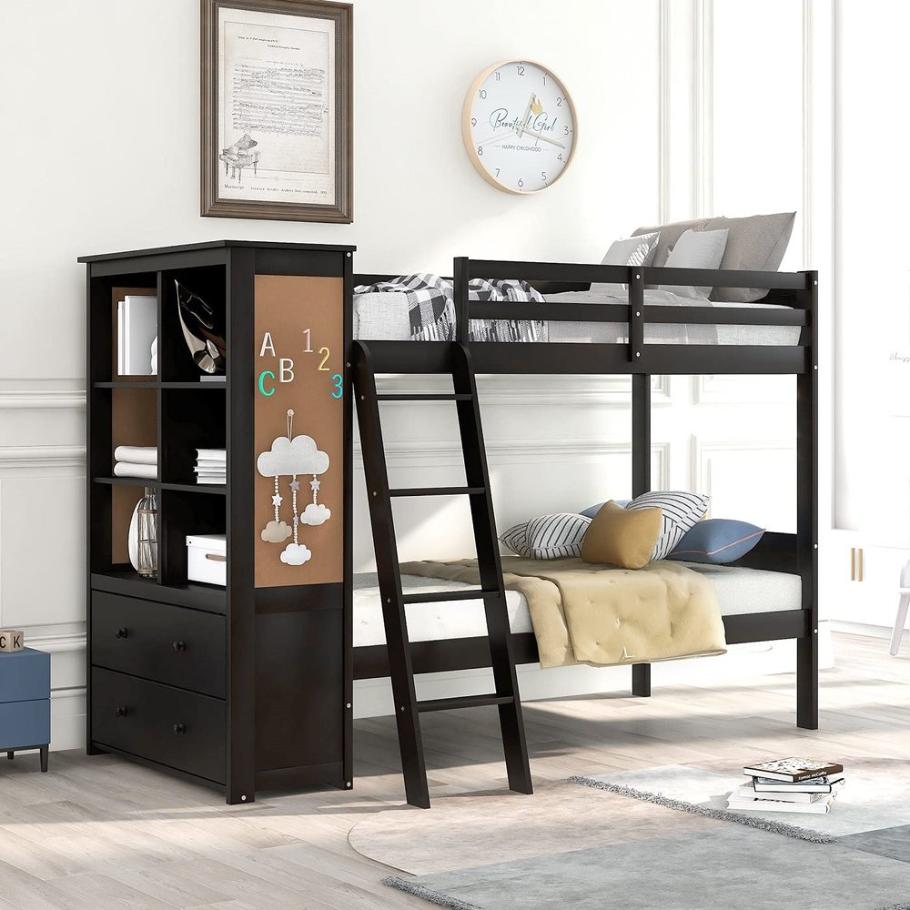 Twin Over Twin Bunk Bed for Kids, Wood Multi-Functional Combination of Bunk Bed Frame with Full-Length Guardrails and Ladder, Bookcase, Drawers (Espresso)