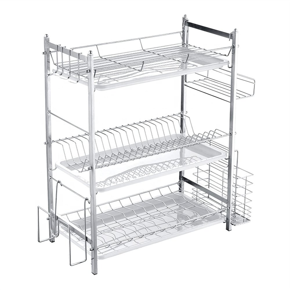 3-layer Stainless Steel Metal Kitchen Storage Rack Basket Storage Box Dish Drain Rack Dish Drying Rack With Tray To Save Space And Easy To Clean 50 24 63 Cm ZDXY