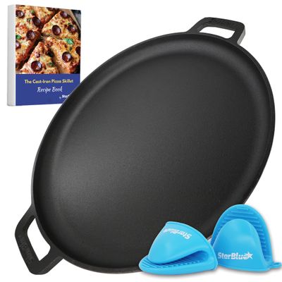 16 Inch Cast Iron Pizza Pan Round Griddle by StarBlue with FREE Silicone Handles and 30 Recipes Ebook Pre-Seasoned Comal, Kitchen Essentials for Pizza Lovers, Baking, Grill, BBQ, Stove Oven Safe