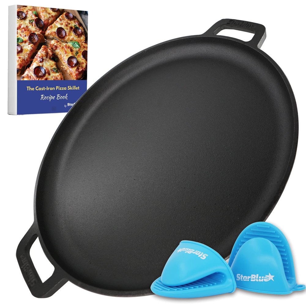 16 Inch Cast Iron Pizza Pan Round Griddle by StarBlue with FREE Silicone Handles and 30 Recipes Ebook Pre-Seasoned Comal, Kitchen Essentials for Pizza Lovers, Baking, Grill, BBQ, Stove Oven Safe