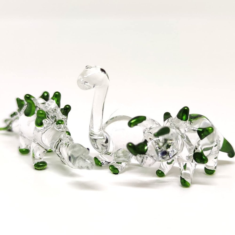 Sansukjai 3 Dinosaur Tiny Miniature Figurines Animals Hand Painted Blown Glass Art Collectible Gift Decorate (Clear Green)