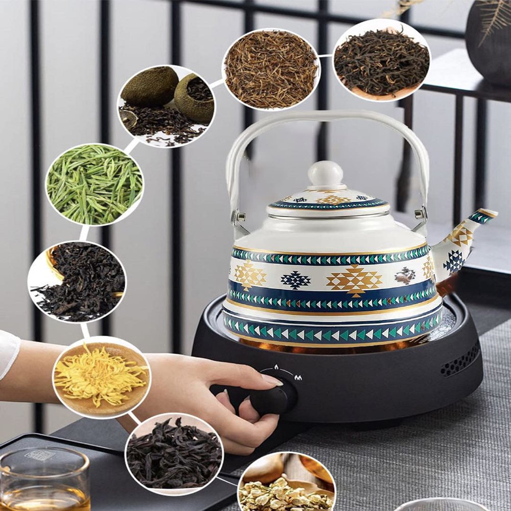 CSZhou-Retro Nostalgic Ceramic Enamel Tea Kettle, Porcelain Camping Kettle and Coffee Pot, Tea pots for Stove Top, Boil Water and Coffee, Bell Pot, 1.5L/60.8 ounce with Tea Leak (White+Blue))