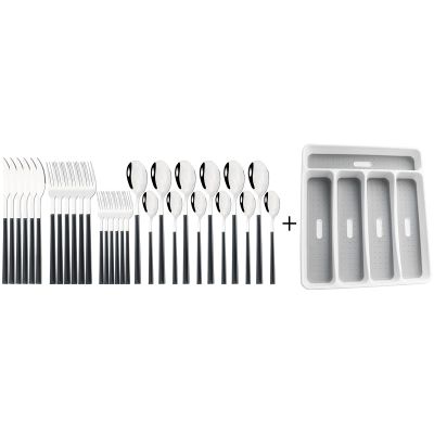 30-Piece Black Handle Mirror Wood Pattern Silverware Set for 6, JANKNG 18/8 Stainless Steel Flatware Set with Anti-Slip 5 Compartment Tray, Cutlery Sets Knife Fork Spoon for Party Kitchen