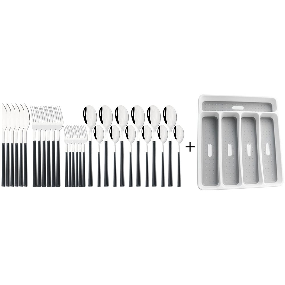 30-Piece Black Handle Mirror Wood Pattern Silverware Set for 6, JANKNG 18/8 Stainless Steel Flatware Set with Anti-Slip 5 Compartment Tray, Cutlery Sets Knife Fork Spoon for Party Kitchen