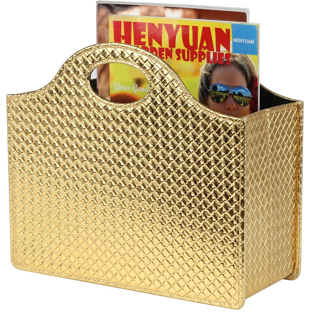 HofferRuffer Magazine Basket Holder, Foldable Magazine Rack, Document File Holder Organizer, File Folder, Newspaper Storage Bin Organizer for Home or Office (Gold)