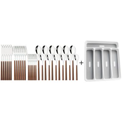 30-Piece Brown Handle Mirror Wood Pattern Silverware Set for 6, JANKNG 18/8 Stainless Steel Flatware Set with Anti-Slip 5 Compartment Tray, Cutlery Sets Knife Fork Spoon for Party Kitchen