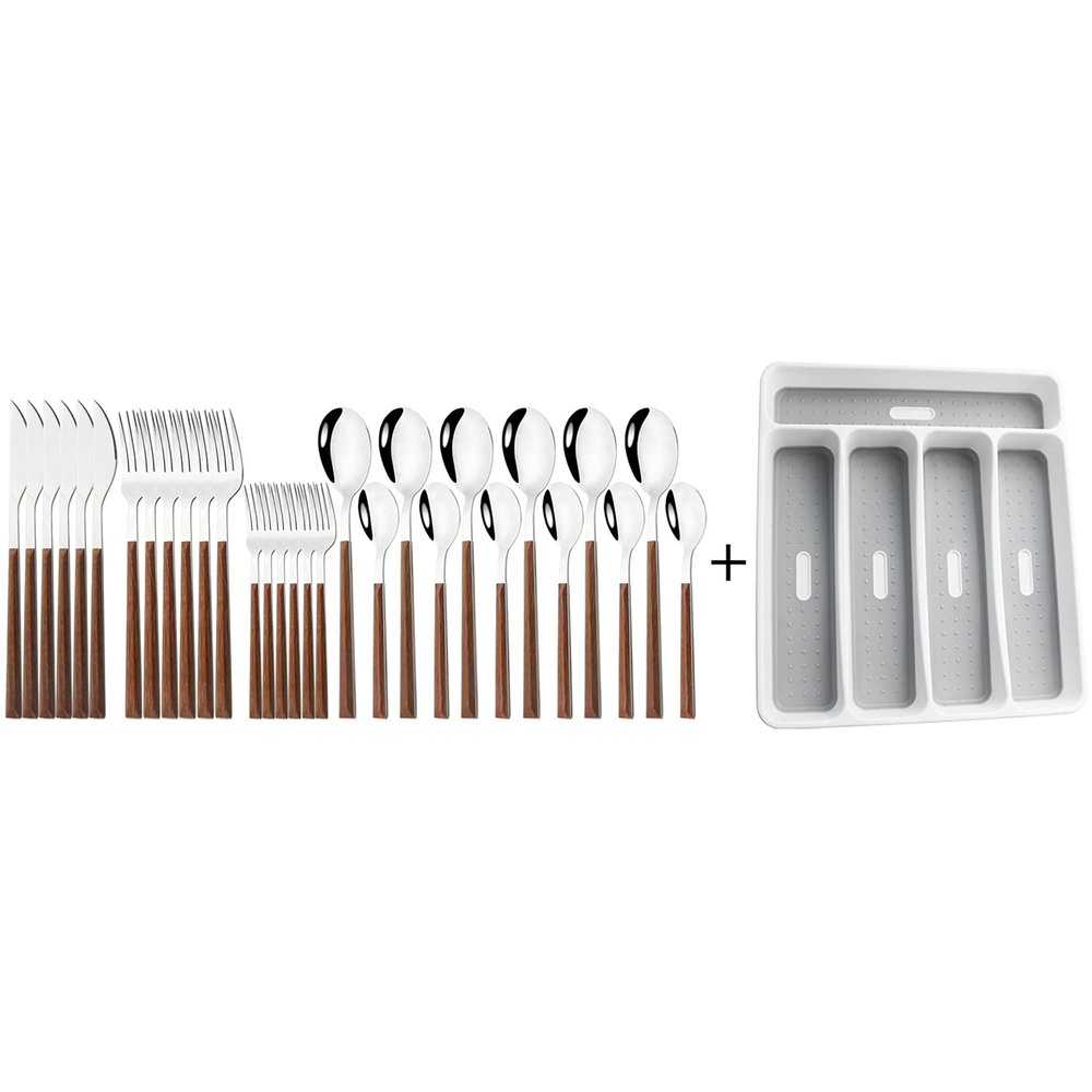 30-Piece Brown Handle Mirror Wood Pattern Silverware Set for 6, JANKNG 18/8 Stainless Steel Flatware Set with Anti-Slip 5 Compartment Tray, Cutlery Sets Knife Fork Spoon for Party Kitchen