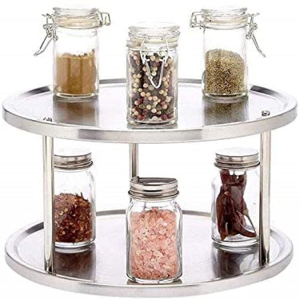 qiuqiu 2 Layer Rotating Storage Shelves, Convenient Stainless Steel Storage for Spice Tray 360 Degree Turntable Counter Cabinet Tray