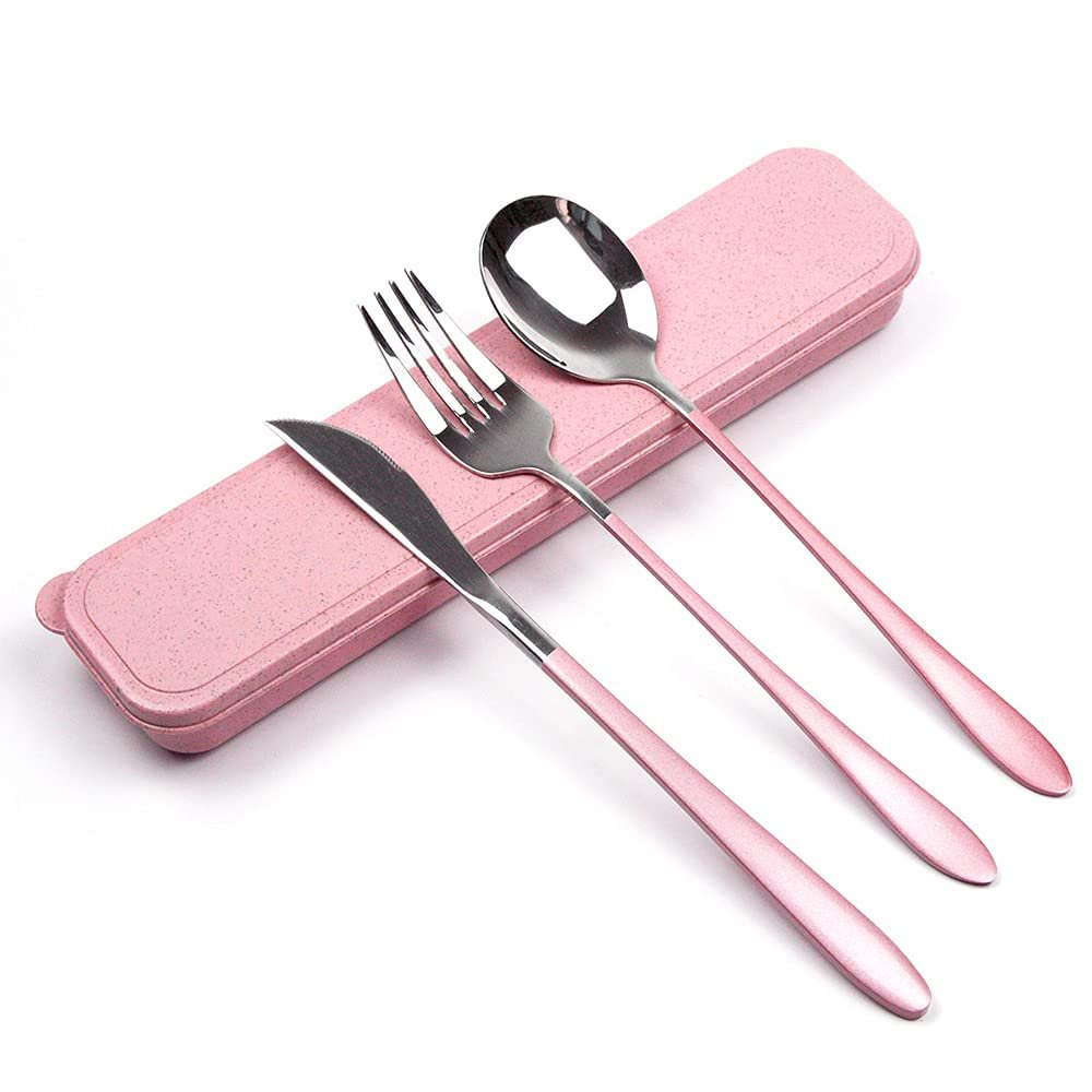 ZACOclub Portable Utensils Flatware Set,Reusable 304 Stainless Steel Cutlery Set, 3 PCS Spoon Fork Knife with Case Set(Pink)
