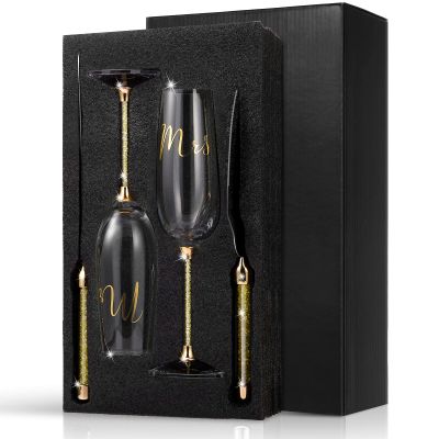 4 Piece Wedding Cake Knife and Champagne Flutes Server Set Mr and Mrs Toasting Flutes Crystal Rhinestone Cake Cutting Set for Bride and Groom Wedding Engagement Bridal Shower Gifts(Gold)