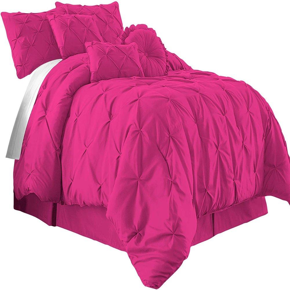 International Sheets Luxury 1000 Thread Count 100% Egyptian Cotton 7 Piece Pinch Pleat Pintuck Bedding Comforter Set (Cal-King, Hot Pink)