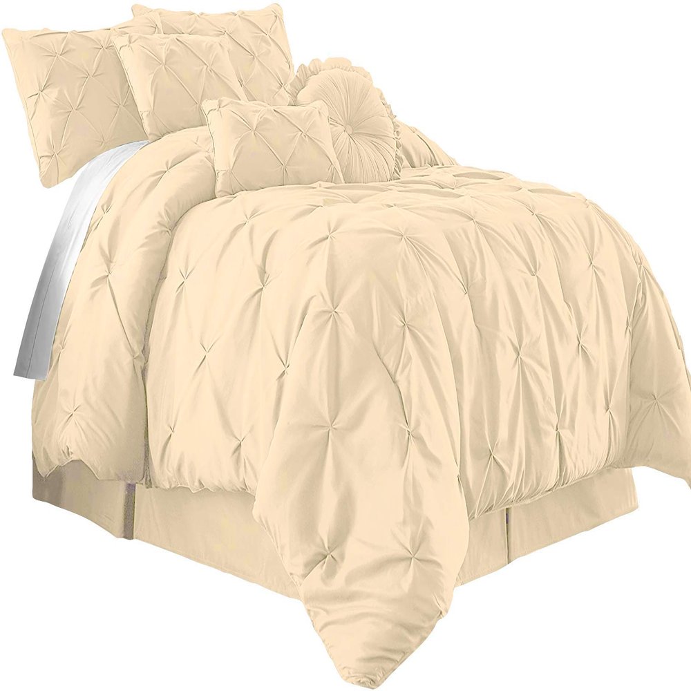 International Sheets Luxury 1000 Thread Count 100% Egyptian Cotton 7 Piece Pinch Pleat Pintuck Bedding Comforter Set (Queen, Ivory)