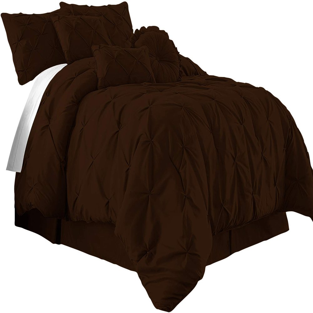International Sheets Luxury 1000 Thread Count 100% Egyptian Cotton 7 Piece Pinch Pleat Pintuck Bedding Comforter Set (Queen, Chocolate)