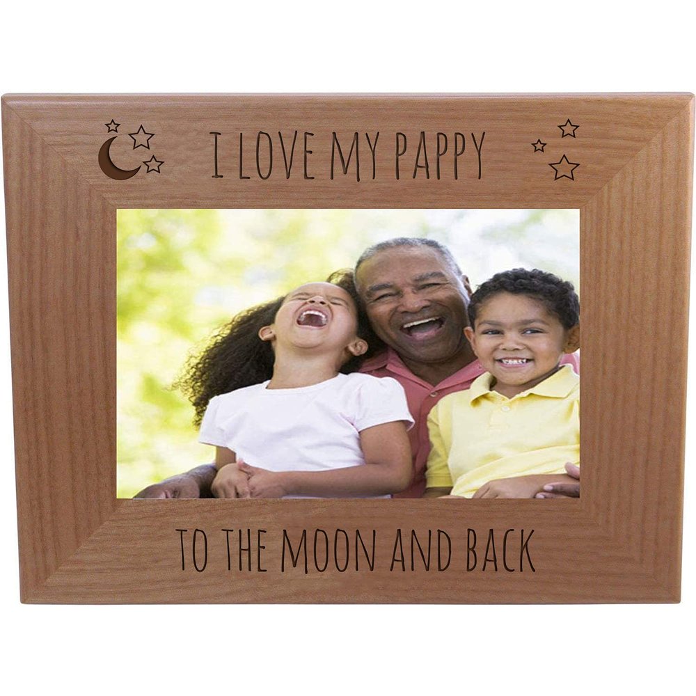 CustomGiftsNow I Love My Pappy to The Moon and Back - Engraved Natural Alder Wood Hanging/Tabletop Picture Memory Family Memorial Photo Real Wooden Frame