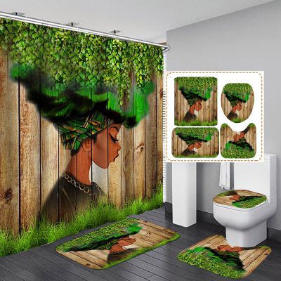 4PCS African American Green Leaves Vine Shower Curtain Sets with Non-Slip Rugs,Toilet Pad Cover,Bath Mat and 12 Hooks,Afro Girl Waterproof Bath Curtain Black Art Bathroom Decor,Green Leaves Girl
