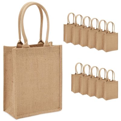 Sparkle and Bash Mini Tote Bags - 8 x 10 x 4 Inches, Brown, 12 Pack - Burlap Party Bags with Handles for Gifts & Crafts