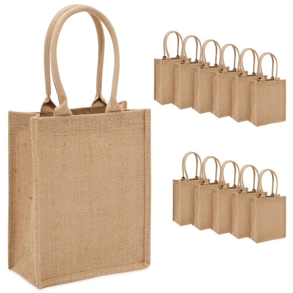 Sparkle and Bash Mini Tote Bags - 8 x 10 x 4 Inches, Brown, 12 Pack - Burlap Party Bags with Handles for Gifts & Crafts