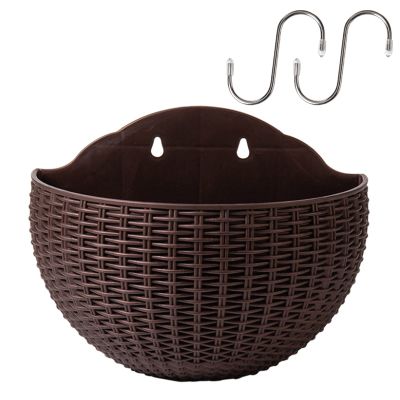 EESLL Wall-Mounted Flowers Pot,2Pcs Wall Hanging Flower Planters Semicircular Imitation Rattan Vases with S Hooks Weaving Creative Plants Baskets for Outdoor Garden Balcony Fence Railing
