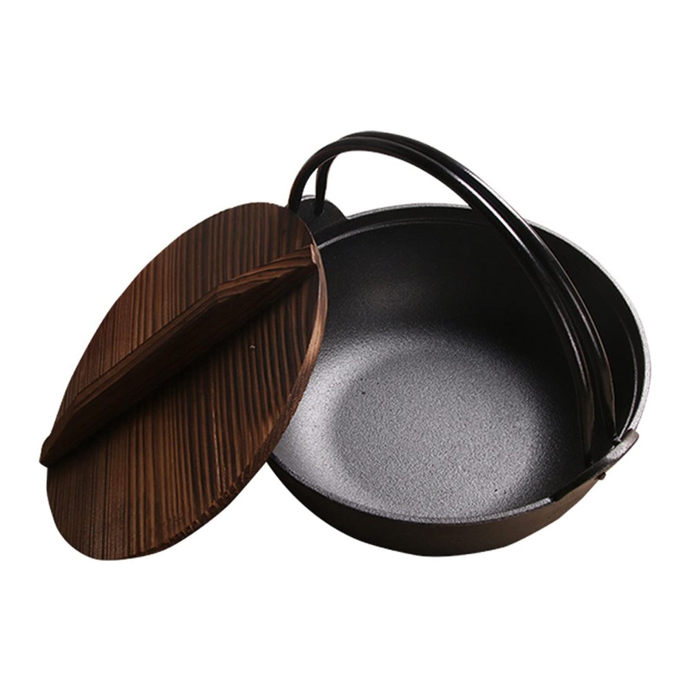 AIZYR Japanese Style Cast Iron Sukiyaki Hot Pot with Wooden Lid, Tetsu Nabe Pot Shabu Pot Home Kitchen Cookware for Gas Induction Cooker,29cm