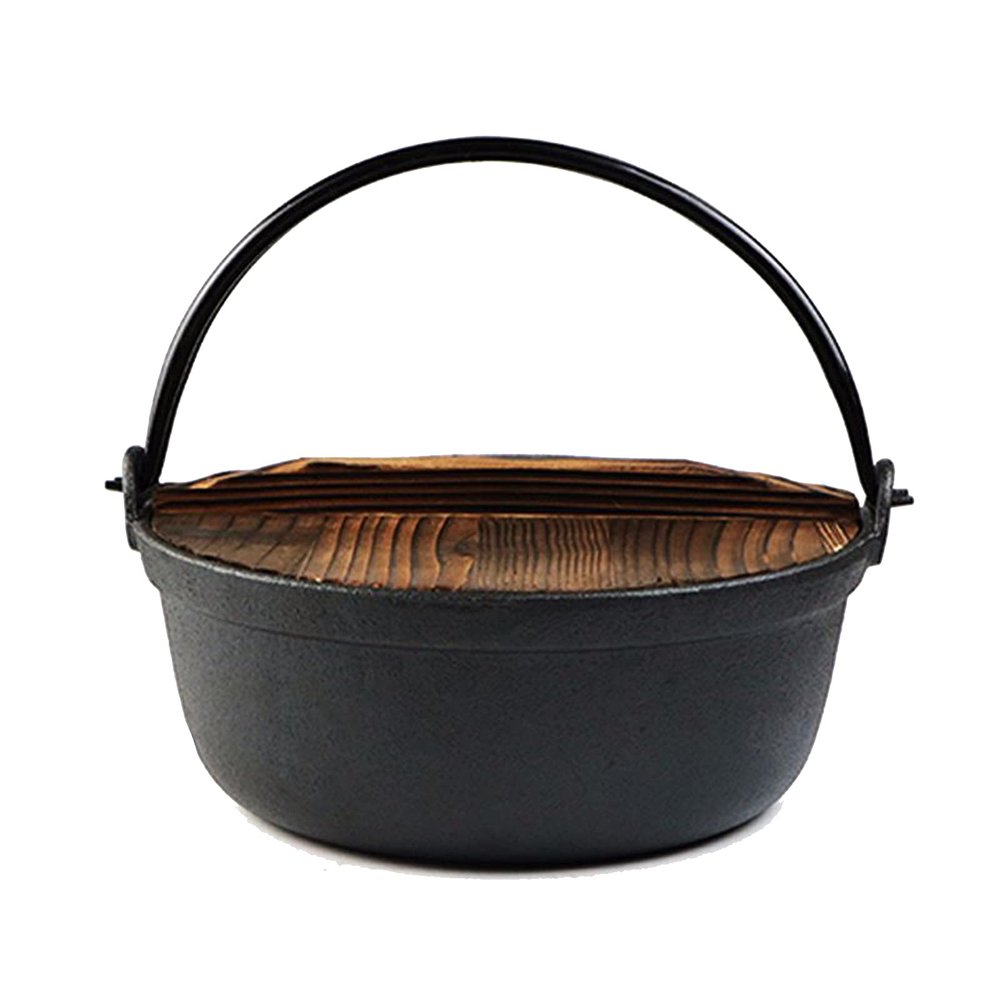 AIZYR Home Kitchen Cast Iron Sukiyaki Hot Pot Japanese Design 9.45'' Nabe with Wooden Lid