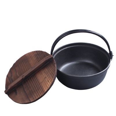 AIZYR Sukiyaki Tetsu Nabe Pot - Japanese Style Cast Iron Soup Pot Shabu Hot Pot with Wooden Lid for Home Kitchen Restaurant