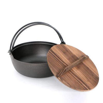AIZYR Japanese Style Sukiyaki Tetsu Pot, Cast Iron Nabe Pot Outdoor Camping Hanging Stove Pan with Wooden Lid and Handle