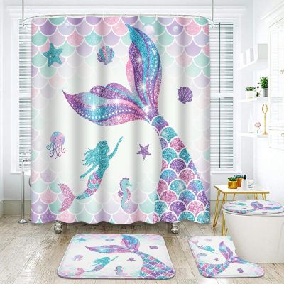 ArtSocket Pink Mermaid Tail Scales Bathroom Set with Shower Curtain and Rugs Accessories Sea Turtle Seahorse Octopus Conch Shower Curtain Set Cute Summer Bathroom Decor 4 Pcs