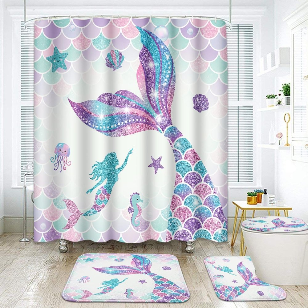 ArtSocket Pink Mermaid Tail Scales Bathroom Set with Shower Curtain and Rugs Accessories Sea Turtle Seahorse Octopus Conch Shower Curtain Set Cute Summer Bathroom Decor 4 Pcs
