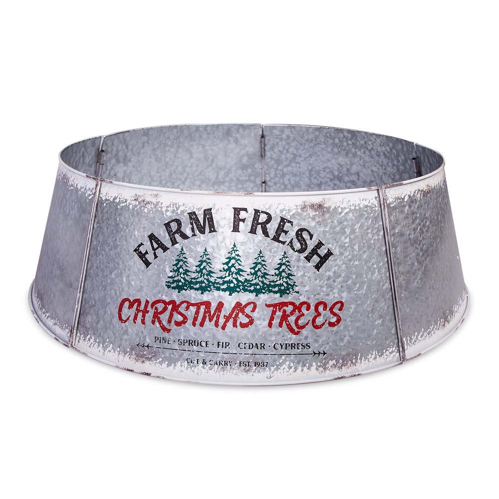 Hallops Galvanized Christmas Tree Collar - Oversized, Adjustable Metal Collar Ring for Large to XL Christmas Trees - Rustic Stand Up Tree Skirt with Distressed White Finish for Indoor Holiday Decor