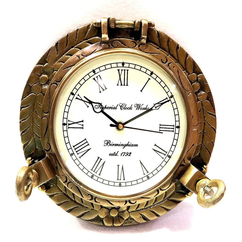 Antique Brown Marine Brass Ship Porthole Engrave Clock 22.86 cm Nautical Wall Clock Home Decor