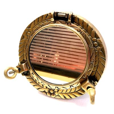 9" Antique Brown Finish Canal Boat Engrave Porthole-Window Ship Round Mirror Wall Home Decor