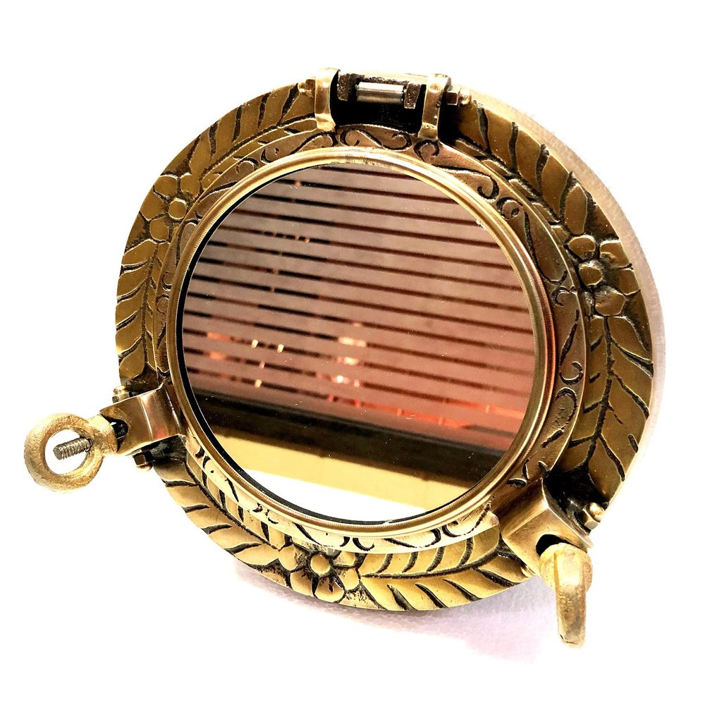 9" Antique Brown Finish Canal Boat Engrave Porthole-Window Ship Round Mirror Wall Home Decor