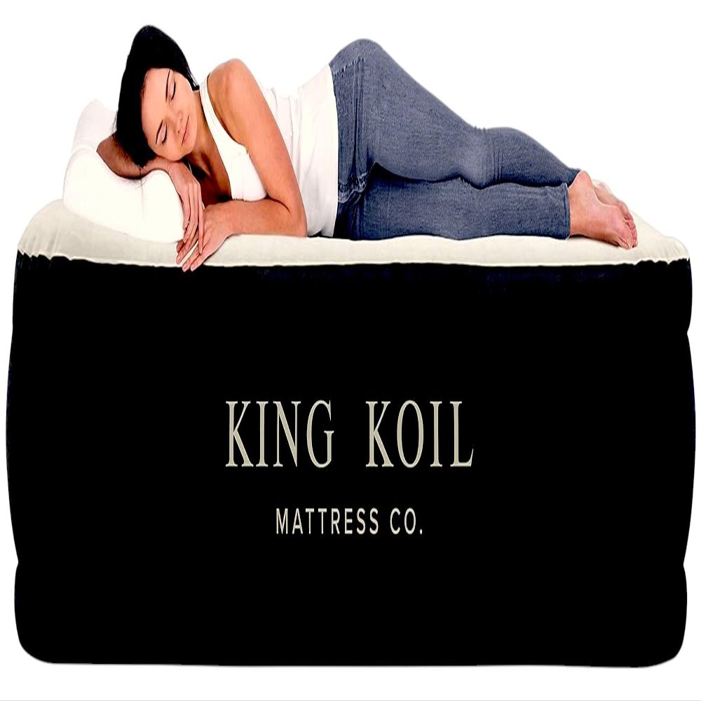 King Koil Luxury Camping Air Mattress Queen Size with Built-in Pump, Portable Travel Airbed, Waterproof Durable Inflatable Double High Blow Up Bed, 1-Year Warranty Manufacturer Warranty
