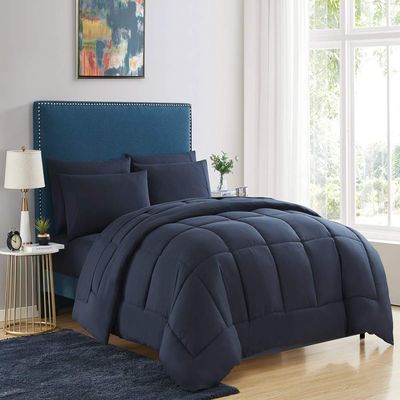 Wega Linen Down Alternative Comforter Queen/Full (3 Piece) All Season Warmth Luxurious Cotton Soft Fill Duvet Insert Bedding Comforter Navy Blue