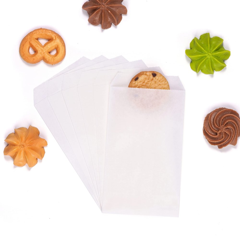 Quotidian White Flat Small Greaseproof Kraft Paper Bags 3" x 5" (8 x 13.3cm) Pack of 100 - Bakery Cookies Treat Candies Dessert