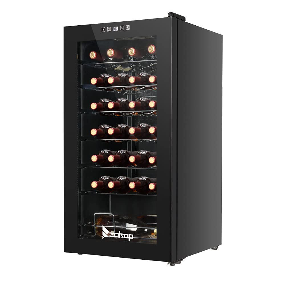 28 Bottle Compressor Wine Cooler Refrigerator w/Lock,Large Freestanding Wine Cellar For Red, White, Champagne or Sparkling Wine, 41f-64f Digital Temperature Control Fridge Glass Door Black (28 Bottle/2.8cu.ft)