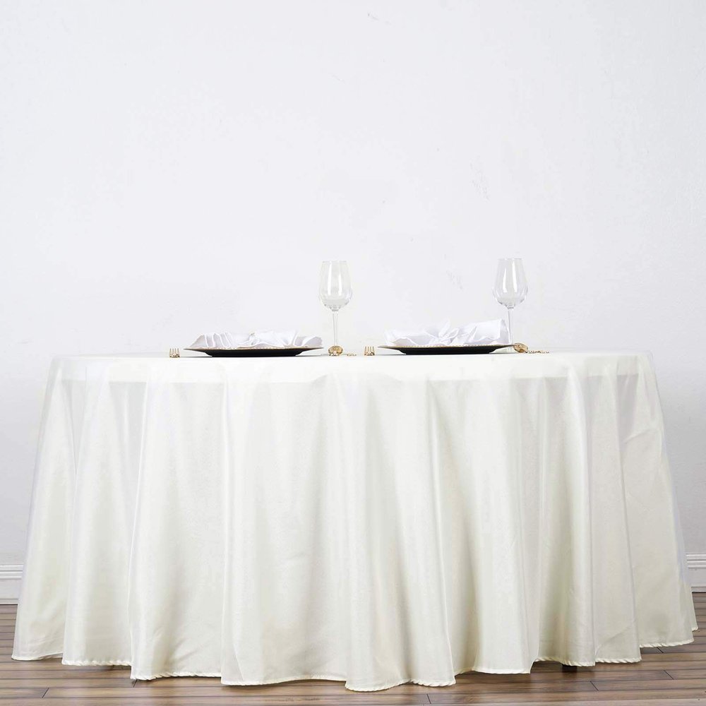 132" Inch Round Tablecloth Polyester Circular Wrinkle Free Table Cloth Solid Soft Dinner Table Cover for Buffet Table, Wedding, Parties and Dinner - Ivory