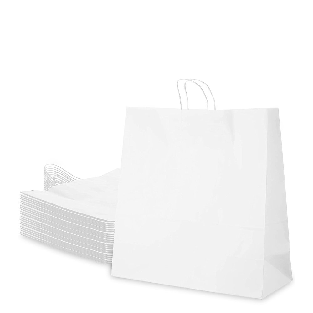 Medium White Kraft Paper Bags with Handles 10x5x15 inches, Shopping, Gift Bags, Party, Retail, Merchandise, Lunch Bags, Grocery Bags, Strong, Reusable, Durable, Ecofriendly (200)
